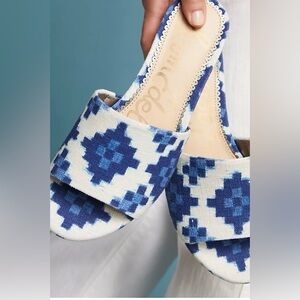 Sam Edelman Sz 7.5 Liliana Slide Sandals Blue and White Canvas Demi Wedge